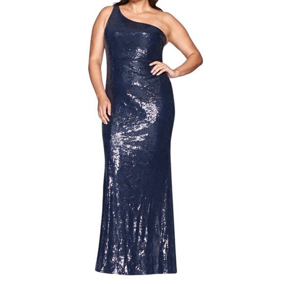 Faviana One Shoulder Sequin Ruched Sleeveless Gown Navy Blue Size 18W NWT